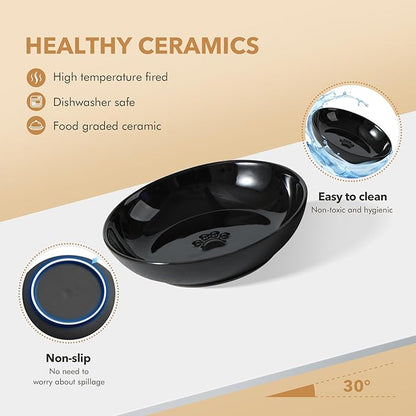 Havniva Raised Ceramic Cat Dishes, Food& Water Bowl with 2 Style Stand Adjustable Raised Pet Bowl Set, Anti Whisker Fatigue(2Dish+2Shallow Dish+Stand, Black