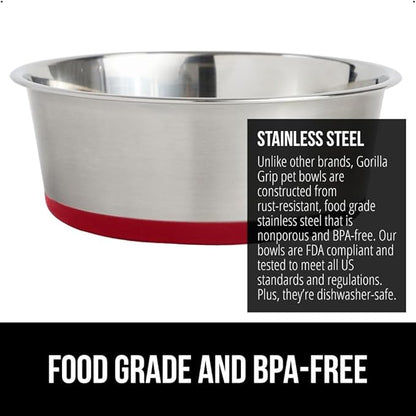 GORILLA GRIP Dog Bowls, Holds 2 Cups Each (16 fl oz), Heavy Duty Stainless Steel Food and Water Bowl for Feeding Dogs and Cats, Dishwasher Safe, Rust Resistant, BPA Free Rubber Base, Set of 2 Red