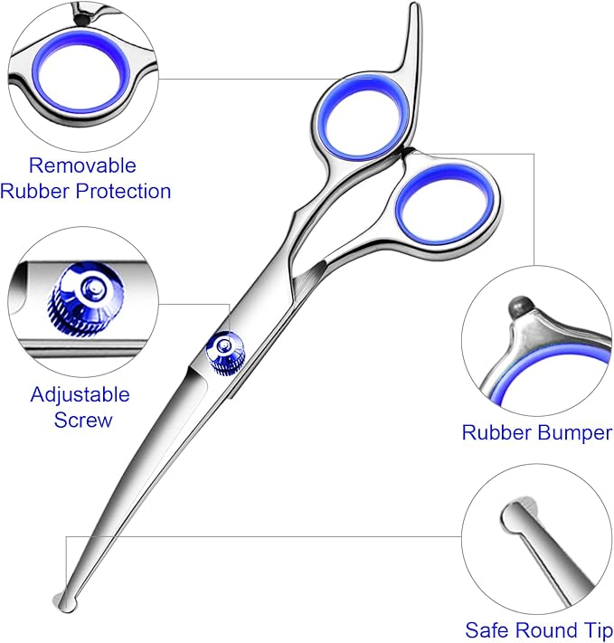 FAIGEO Professional Dog Grooming Scissors Kit, Titanium Coated Dog Scissors for Grooming, Grooming Shears Kit - Straight,Thinning, Curved Scissors and Comb for Dog Cat Pet (Blue 5 in 1)