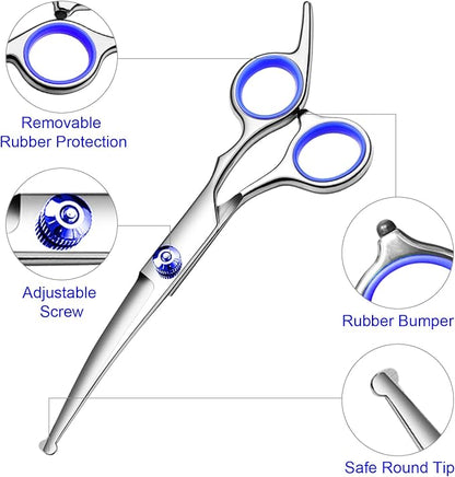 FAIGEO Professional Dog Grooming Scissors Kit, Titanium Coated Dog Scissors for Grooming, Grooming Shears Kit - Straight,Thinning, Curved Scissors and Comb for Dog Cat Pet (Blue 5 in 1)