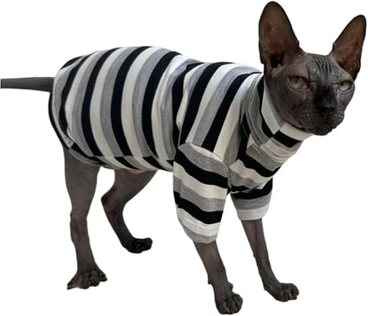 Vintage Stripes Sphynx Hairless Cats Shirt Cotton Cat Turtleneck Pet Clothes Kitten T-Shirts with Sleeves for Sphynx Cats (Black Grey White, Small)