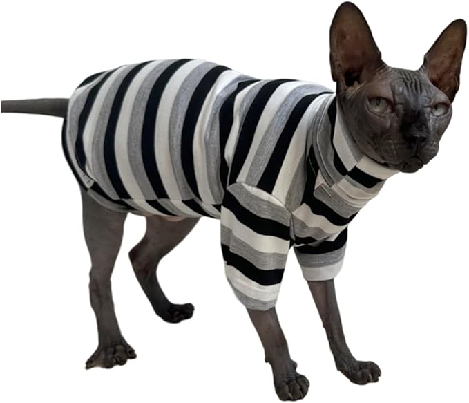 Vintage Stripes Sphynx Hairless Cats Shirt Cotton Cat Turtleneck Pet Clothes Kitten T-Shirts with Sleeves for Sphynx Cats (Black Grey White, X-Small)