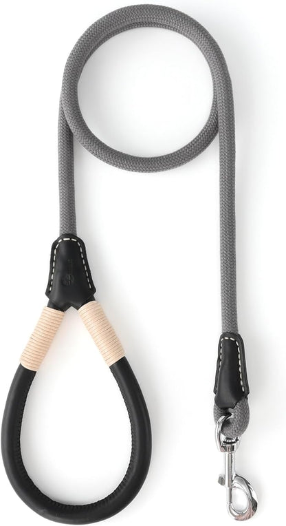 Mile High Life Genuine Leather Wrapped Handle Dog Leash, w Heavy Duty Clasp Rope Leash for Small Medium Large Dogs (Gray, 5FT)