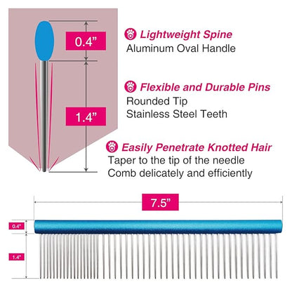 Claw Claws Greyhound Comb with Oval Handle for Dogs and Cats, Removing and Shedding Matted, Tangled Hair, Metal Comb with Stainless Steel Pins, Detangling Grooming Tool, Pet Comb (20% Fine Spacing)…