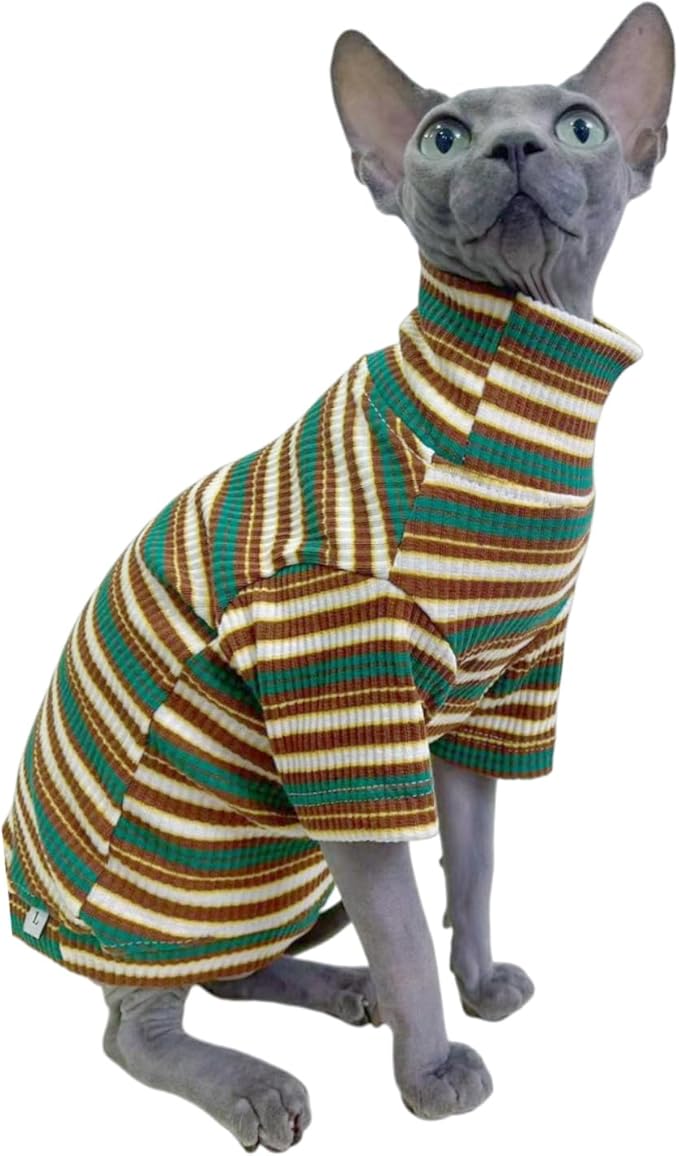Turtle Neck Vintage Stripes Sphynx Hairless Cat Cotton T-Shirts Pet Clothes Vest Kitten Shirts Sleeveless, Cats & Small Dogs Apparel (Marsh, XXL (13-16 lbs))