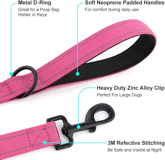 Heavy Duty Double Handle Dog Leash 6 ft Long for Total Control, Padded 2 Handle, Reflective Training Lead for Medium Large Dogs (Pink, 6 FT)