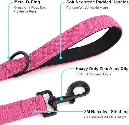 Heavy Duty Double Handle Dog Leash 6 ft Long for Total Control, Padded 2 Handle, Reflective Training Lead for Medium Large Dogs (Pink, 6 FT)