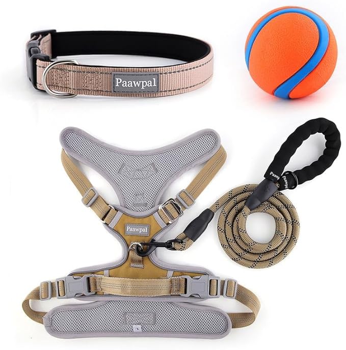 Paawpal Adjustable Dog Harness - No Pull, Reflective, Soft Padded for Small, Medium, Large Dogs - Includes Leash and Collar Beige L