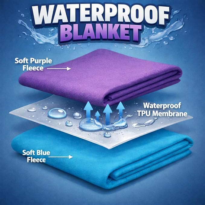 Premium Deluxe 100% Waterproof Blanket Guarantees to Keep Your Bed Dry! Crinkle-Free Ultra-Soft Fleece Furniture Protector for People Kids Pets. EZ Wash/Dry Purple/Blue Reversible 80x60