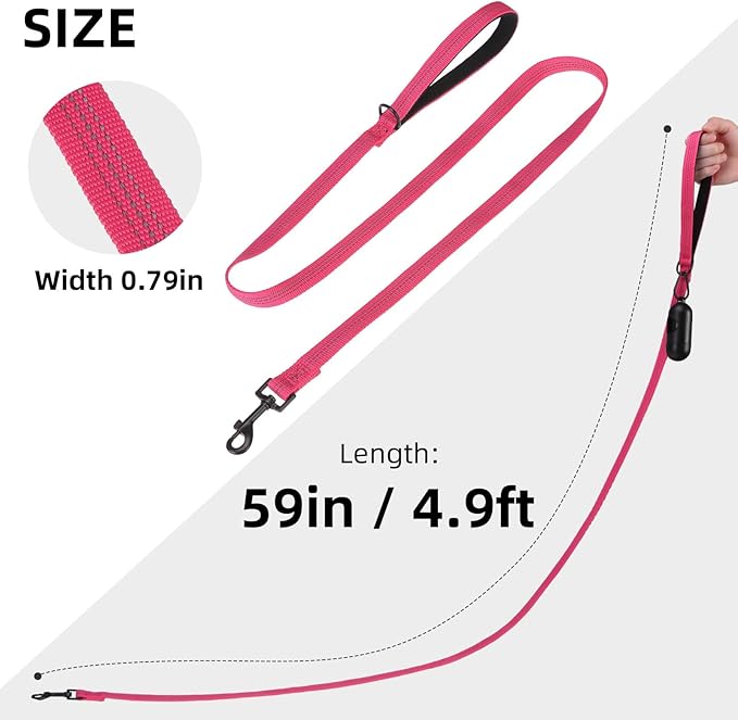 PUPTECK Reflective Dog Leash with Comfortable Padded Handle Durable Nylon Dog Lead for Small Medium and Large Dogs Cats Walking Running Training Outside, Hot Pink, M