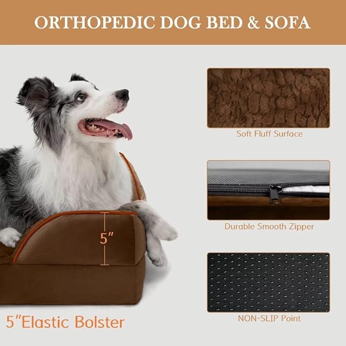 Comfort Expression Orthopedic Dog Bed for Extra Large Dogs 45x35 Inch, Waterproof Egg Crate Foam XL Pet Bed with Removable Bolsters, Dog Couch with Washable Cover & Non-Slip Bottom, Dark Brown