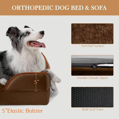 Comfort Expression Orthopedic Dog Bed for Extra Large Dogs 45x35 Inch, Waterproof Egg Crate Foam XL Pet Bed with Removable Bolsters, Dog Couch with Washable Cover & Non-Slip Bottom, Dark Brown
