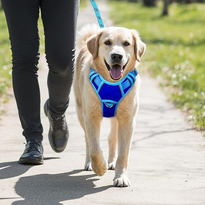 BARKBAY No Pull Dog Harness Large Reflective Dog Harness with Front Clip and Easy Control Handle for Walking Training Running with ID tag Pocket(Sapphire Blue & Blue,M)