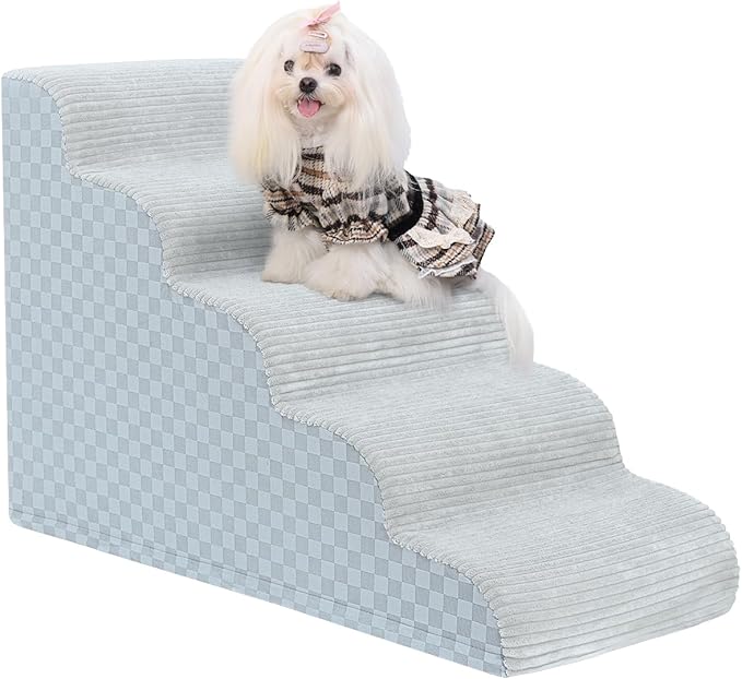 Dog Curved Stairs for High Beds 22" H, 5-Step Pet Stairs for Small Dogs with High Density Foam, Dog Slope Stairs with Durable Non-Slip Bottom Grey