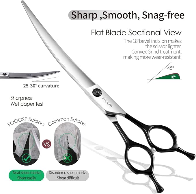 FOGOSP Curved Dog Grooming Scissors Professional 7" Grooming Shears for Dogs Pet Right Handed Groomer Japan 440C Stainless Steel (7 in Curved, Black)