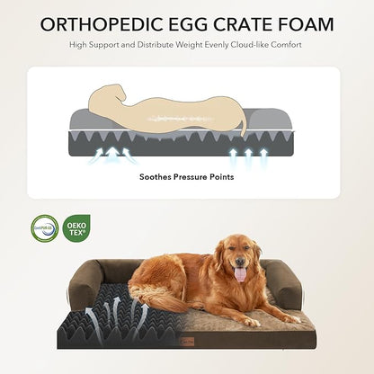 Casa Paw Orthopedic Dog Beds for Large Sized Dogs, Waterproof Egg Crate Foam Medium Dog Couch Beds for Crate 35x22Inch, Washable Pet Beds with Removable Cover and Nonskid Bottom, Brown