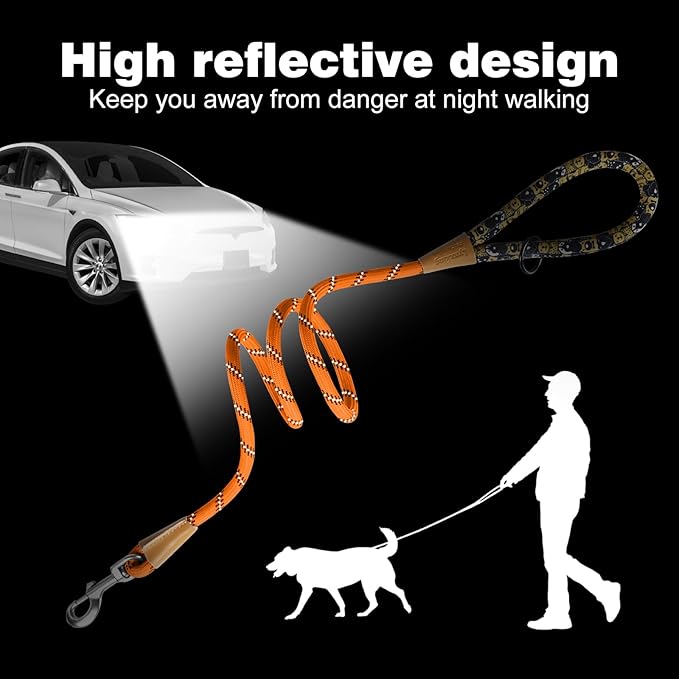 lynxking Rope Dog Leash 6 FT with Comfortable Padded Handle, Highly Reflective Threads Leash for Small Medium Large Dogs (Orange, Large 1/2in x 6ft-Rope Clasp)