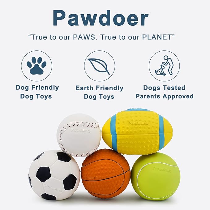 Pawdoer Squeaky Dog Ball, Soft Latex Rubber Squeaky Dog Toys for Small Dogs Puppies, Cute Squeak Toys Play Ball - Tennis, Soccer, Football, Basketball and Baseball