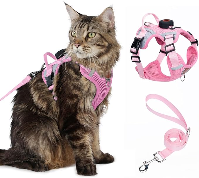 Cat Harness and Leash Set with AirTag Holder: Upgraded Escape Proof Vest with Lead for Small Dog Puppy Large Cat Walking，Soft Breathable Mesh Coat with Reflective Strip (Pink, XL)