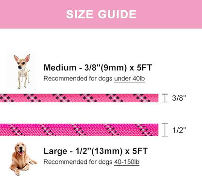 5 FT Slip Lead Dog Leash, Heavy Duty Rope Leash for Small Medium Large Dogs, No Pull Training Lead with Reflective Thread, Strong Comfortable Loop Leash (Pink Stripe, Large(1/2"))