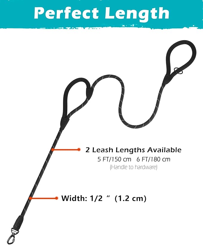 PetBonus Double Handle Rope Dog Leash, 5FT Heavy Duty Training Lead with Lockable Hook and 2 Comfortable Padded Handles, Reflective Walking Nylon Leash for Large Medium Dogs (55-200 lbs, Black)
