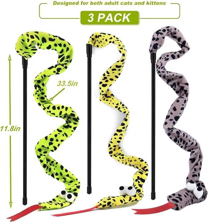 URMYONLY Interactive Cat Toy Wand with Catnip Mouse, Cat Teaser Wand Rainbow String for Bored Indoor Adult Cats and Kittens (3 Pack Snake)