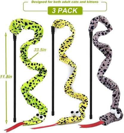 URMYONLY Interactive Cat Toy Wand with Catnip Mouse, Cat Teaser Wand Rainbow String for Bored Indoor Adult Cats and Kittens (3 Pack Snake)