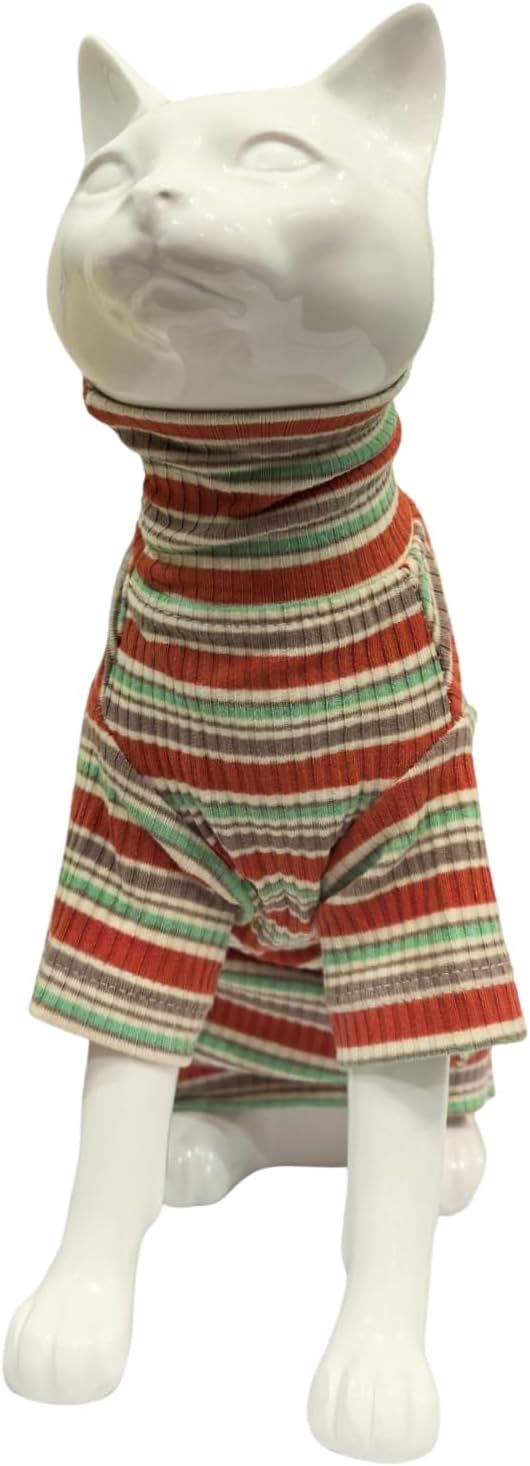 Turtle Neck Vintage Stripes Sphynx Hairless Cat Cotton T-Shirts Pet Clothes Vest Kitten Shirts Sleeveless, Cats & Small Dogs Apparel (Autumn, L (7-8.8 lbs))