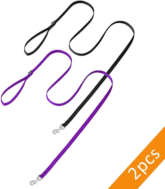 AMAGOOD 6 FT Puppy/Dog Leash, Strong and Durable Traditional Style Leash with Easy to Use Collar Hook, Great for Small, Medium and Large Dogs (5/8 in x 6 ft, Black and Purple 2-Pack)