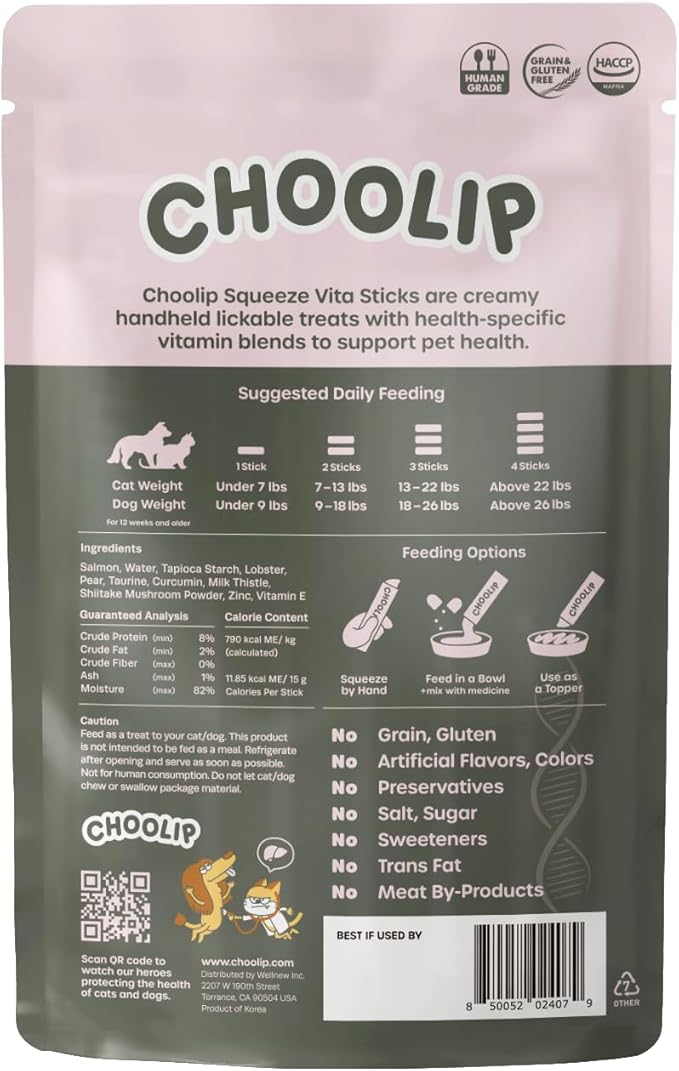 Choolip Squeeze Vita Stick Lickable Cat and Dog Treats, 7-Count Liver Support, Tuna and Chicken with Milk Thistle, CoQ10 and Vitamin E, Vet-Formulated