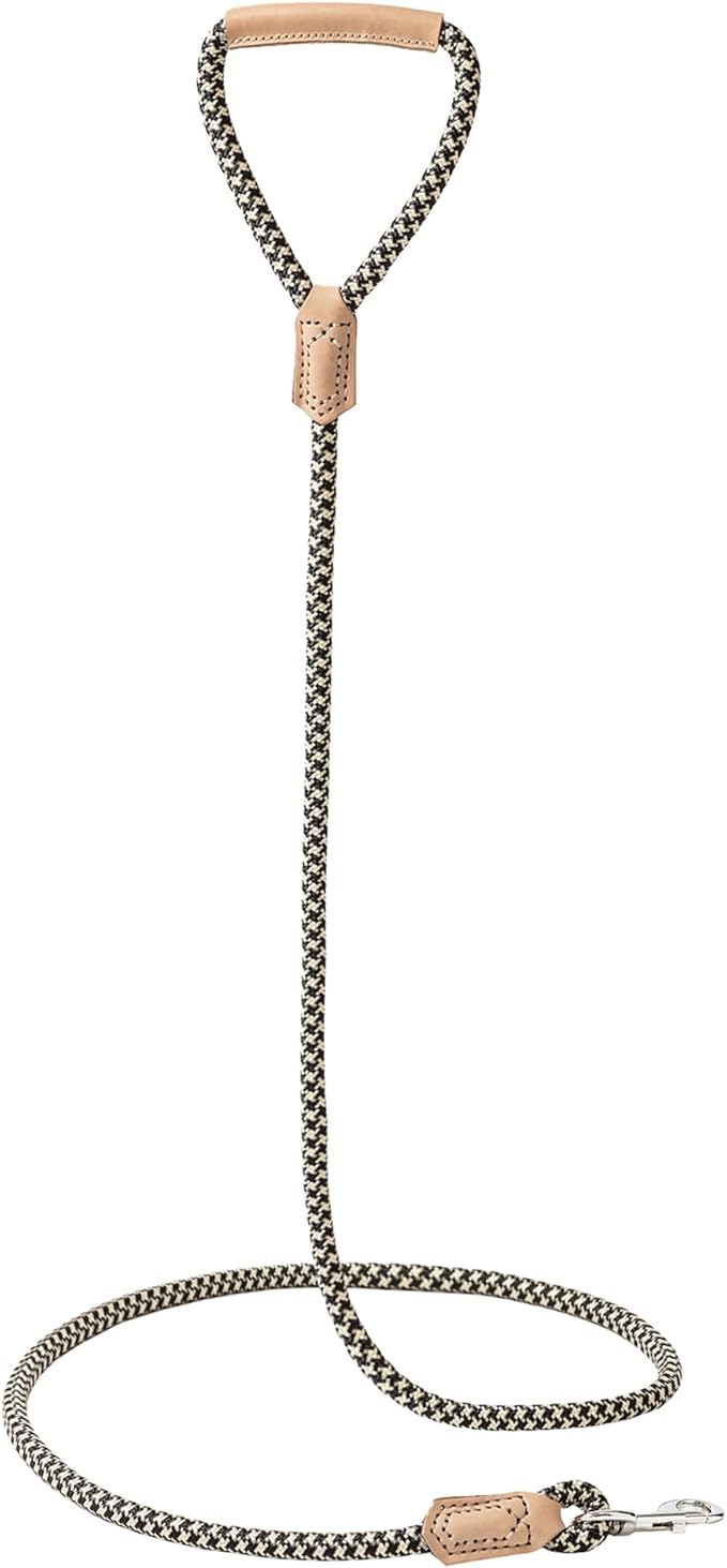 Mile High Life Rope Leash with Genuine Leather Grip and Connection, 6 FT/5 FT/4 FT, Heavy Duty Leash for Small Medium & Large Dogs(Black Khaki,60 Inch)