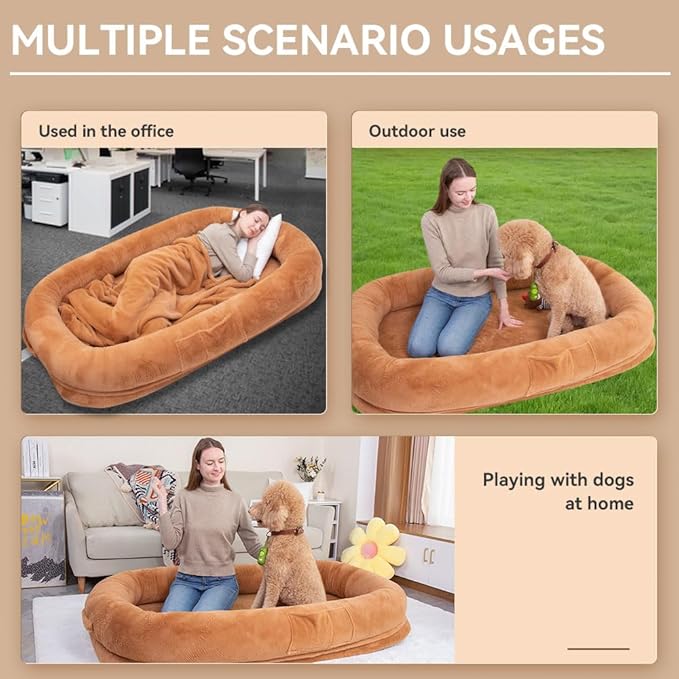 Human Dog Bed 63”x36.6”x11” Large Dog Bed with Raised Cushioned Rim, Removable Cover, Waterproof Lining and Bonus Blanket; Washable-Luxury Fluffy Nap Bed (63"x36.6"x11", Brown)