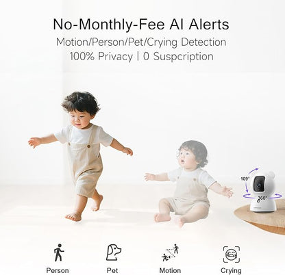 CINMOORE 2.5K Pet/Dog Camera with Speaker/Phone App, No-Monthly-Fee AI Person/Pet/Cry Detection Security Camera Indoor, PTZ 2.4GHz WiFi Baby Monitor Cameras for Home Security, Night Vision, 2-Way Talk