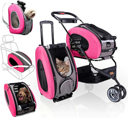 ibiyaya - Compact 5-in-1 Convertible and Foldable Small Pet Carrier and Stroller - Multifunctional Combo System Cat Stroller and Dog Stroller - Pets up to 16 Pounds - Pink