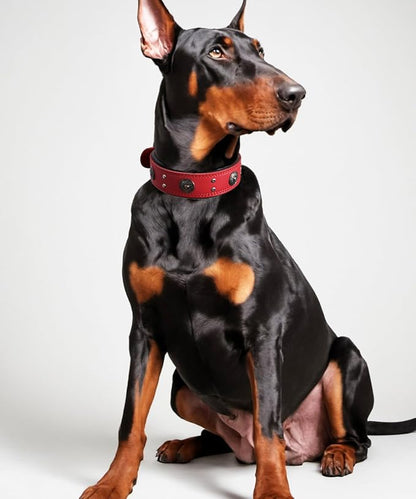 Leather Dog Collar, 2 inches Wide Heavy Duty Genuine Leather Collars, Handmade, Soft, and Luxury, Eye-catching Best Choice for Large and Medium Breed Dogs, Red 15-19 ins