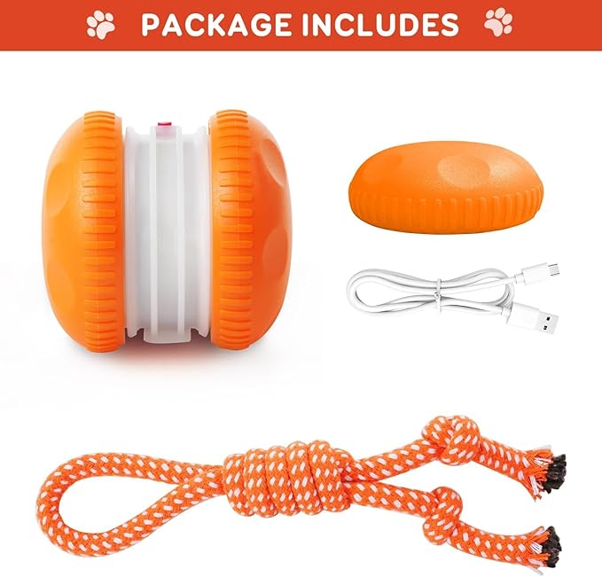 QGI Interactive Dog Toys, Random Path Electric Automatic Moving and Rolling Dogs Toy with Rope for Small Medium Large Dogs, Motion-Activated Dog Stimulation Toy for Boredom Relief (Orange)