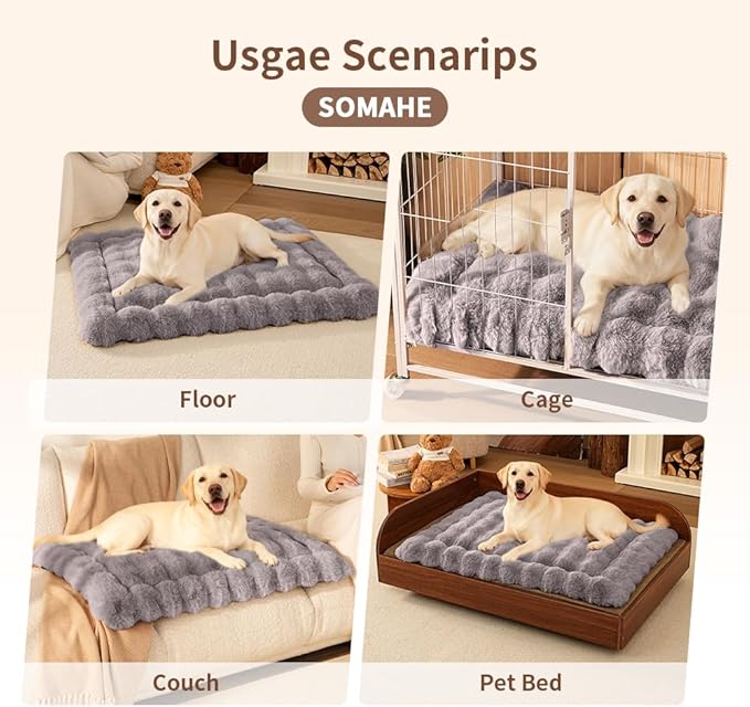 SOMAHE Self-Warming Dog Bed, Plush Faux Fur Mat with Anti-Slip Bottom, Ultra Soft Heated Pet Bed for Medium Large Dogs, Cozy Fluffy Pad for Carriers Couch Crate, Machine Washable, 35 x 27 Inch Gray