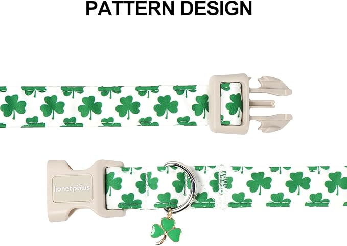 Lionet Paws St. Patrick Dog Collar- Cute Clover White Dog Collars with Plastic Buckle, Light Adjustable Dog Collars with Clover Pendant for Medium Large Dogs