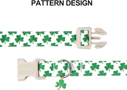 Lionet Paws St. Patrick Dog Collar- Cute Clover White Dog Collars with Plastic Buckle, Light Adjustable Dog Collars with Clover Pendant for Medium Large Dogs