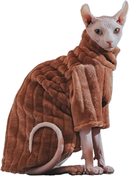 Turtleneck Sweater for Sphynx Cat Soft Coral Fleece Cat Clothes Thick Winter Warm Outfit Coat for Hairless Cats and Small Dogs Apparel with Sleeves (Brown, M (5-7 lbs))