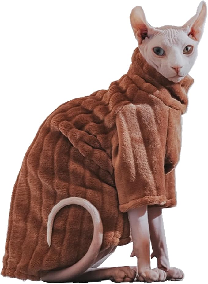 Turtleneck Sweater for Sphynx Cat Soft Coral Fleece Cat Clothes Thick Winter Warm Outfit Coat for Hairless Cats and Small Dogs Apparel with Sleeves (Brown, XXL (13.3-16 lbs))