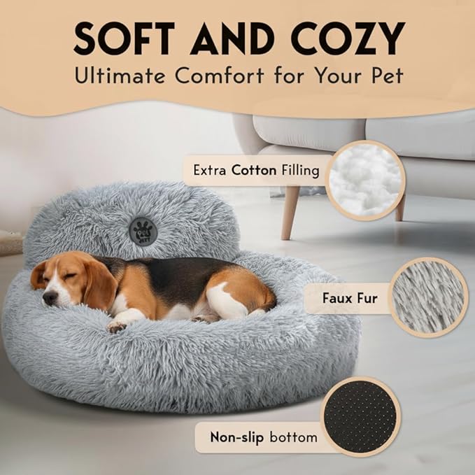 PetJett Calming Dog Bed Medium Size Dog - 30'' Donut Bed, Anti-Slip & Washable Super Soft Fluffy Plush Round Bed, Anti-Anxiety Premium Comfort Pet Bed, Fits Dogs up to 45 lbs - Bright Grey