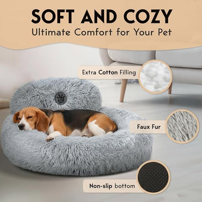 PetJett Calming Dog Bed Medium Size Dog - 30'' Donut Bed, Anti-Slip & Washable Super Soft Fluffy Plush Round Bed, Anti-Anxiety Premium Comfort Pet Bed, Fits Dogs up to 45 lbs - Bright Grey