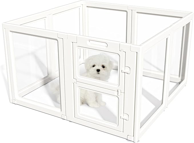 LoveTail Clear Acrylic Dog Playpen Indoor,Transparent Dog Pen,Easy to Assemble and Clear pet Pen for Puppy Dog, Rabbit and cat,Sturdy and Easy to Clean Plastic pet Fence (White, 23.6" H, 8PCS)