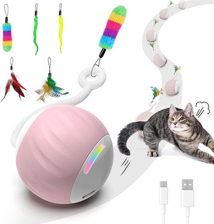 Interactive Cat Toy for Indoor (Sounds&Touch Control) Smart Cat Toys-Automatic Moving Cat Ball Toy-Fast Slow 2Speed with Feathers Tail&Lights for Kittens,Older Cats,Bored Cats,Ferret,USB Rechargeable