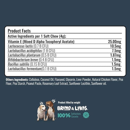 Bruno & Lukas Probiotic Chews for Dogs – Digestive Health & Gut Flora Support – Dog Probiotics for Diarrhea, Loose Stools, Itchiness & Immune Support – 90 Chews, Made in USA