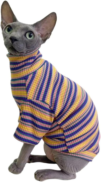 Turtle Neck Vintage Stripes Sphynx Hairless Cat Cotton T-Shirts Pet Clothes Vest Kitten Shirts Sleeveless, Cats & Small Dogs Apparel (Rose Garden, S (3.3-5 lbs))