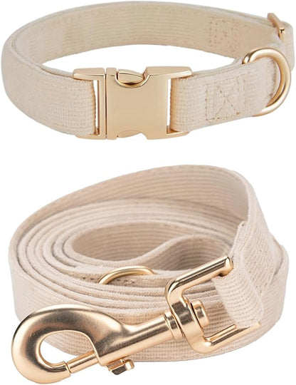 Ewinoom Soft Corduroy Dog Collar and Leash Set Adjustable Durable Wedding Dog Collars with Metal Buckle and Lead for Medium Dogs,Beige