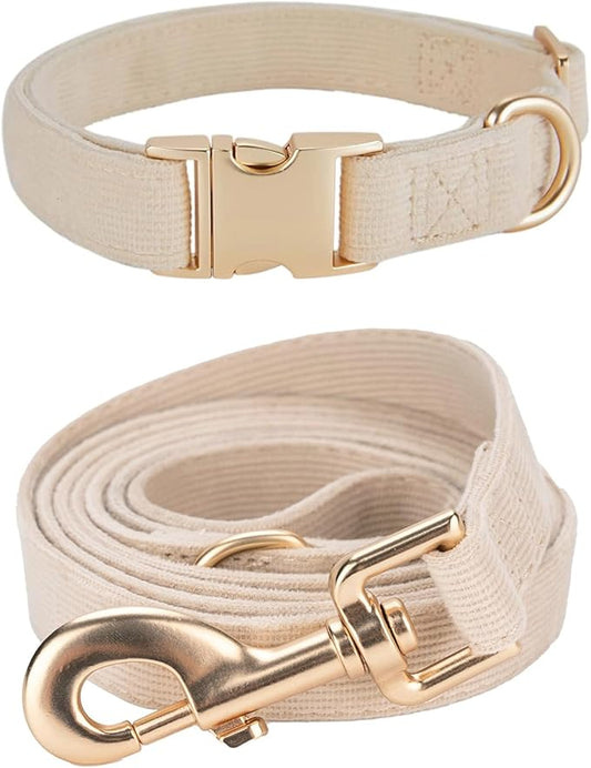 Ewinoom Soft Corduroy Dog Collar and Leash Set Adjustable Durable Wedding Dog Collars with Metal Buckle and Lead for Medium Dogs,Beige