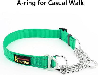 Plutus Pet Martingale Dog Collar with Stainless Steel Chain and Reflective Nylon, Adjustable No Pull Training Collar, for Small Medium, and Large Dogs, Green, M